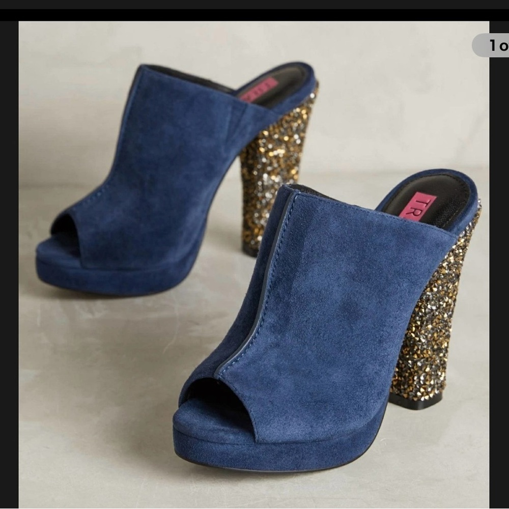 Tracy Reese Blue and Gold Mules with Glitter Block Heel